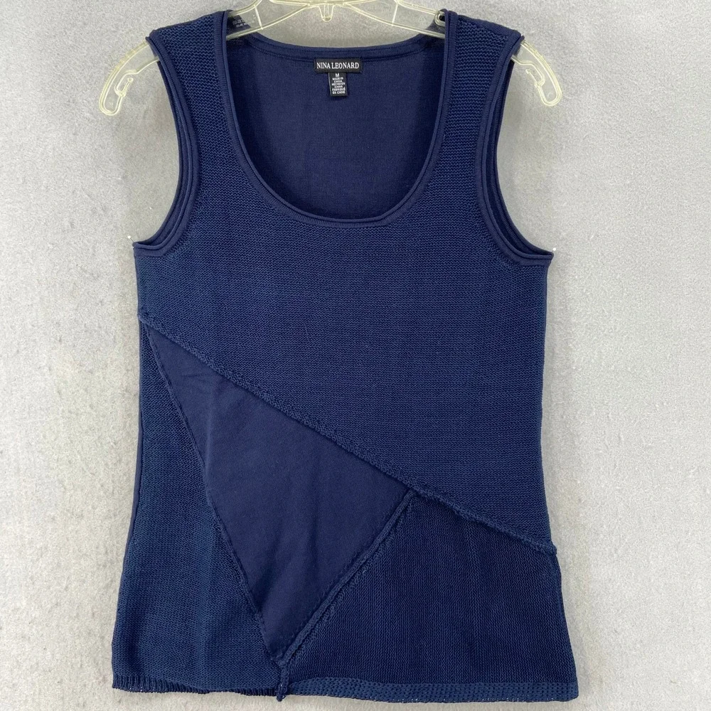 Nina Leonard Shirt Womens Sz M Blue Sleeveless Knit Tank Top Casual Patchwork - Picture 1 of 10